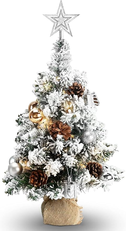 24 Inch Snowy Mini Christmas Tree, Small Tabletop Flocked Tree with LED Lights, Pine Cones, Balls, Star Tree Topper, Gift Box and Cloth Bag Base, Xmas Decorations (Christmas Tree)