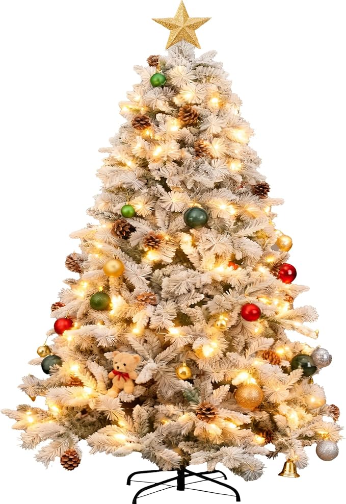 6ft Pre-lit Christmas Tree with Double-Sided Five-Fork PE & PVC Needles, Dense Realistic Pine Design, Easy Assembly Holiday Decoration Tree