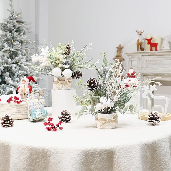 JJIALEIXI 2PCS Small Christmas Tree,11" Artificial Little Potted Mini Tabletop Tree Christmas Decorations, for Wedding Holiday Indoor Xmas Party Winter Decor (White/Green/Silver).