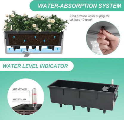 Aoodor 4Pcs 19.5" Rectangular Window Box Wall Mount/Railing Planter, Self-Watering Planter with Adjustable Bracket, for Fence, Balcony, Patio, and Outdoor Decor - Coffee