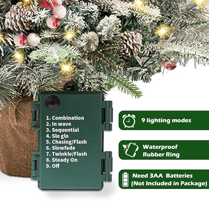 3FT Pre-lit Snow Flocked Christmas Tree, Tabletop Artificial Christmas Tree, Mini Christmas Tree with Pine Cones & Red Berries for Home, Shop Décor