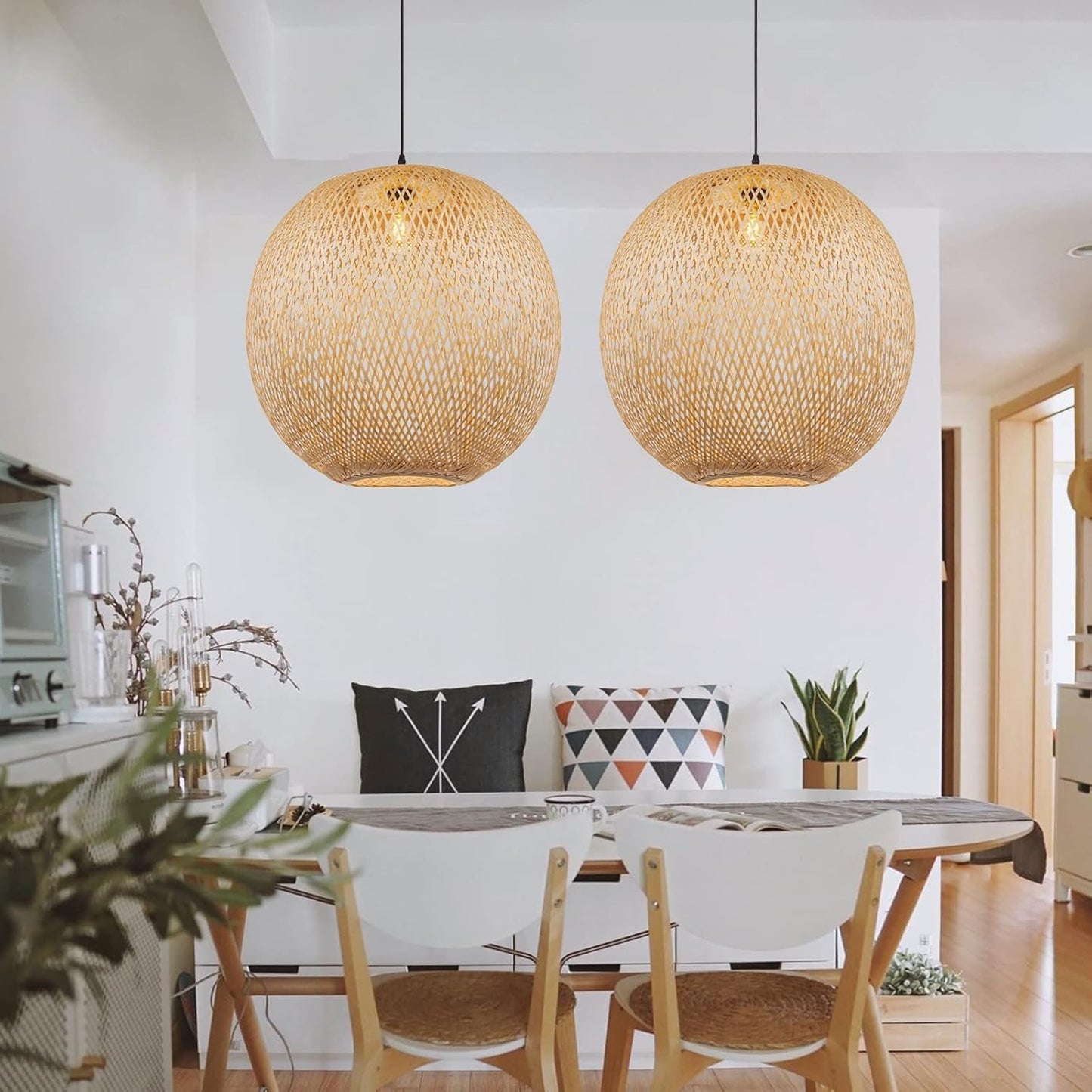 Arturesthome 15.7" Bamboo Pendant Lights, Round Wicker Chandelier, Hand-Woven Boho Basket Lampshade Hanging Ceiling Light for Kitchen Island Living Room