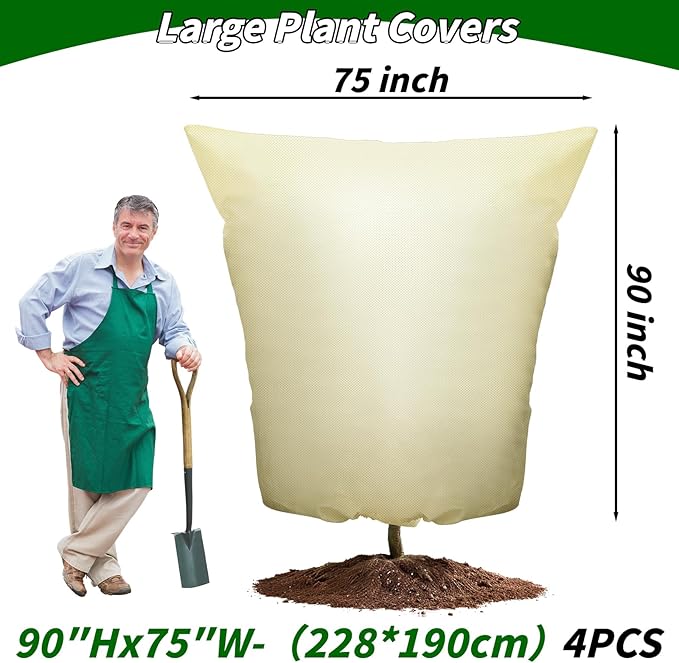 Plant Covers Freeze Protection: 4 Pack 90Hx75W Inch Large Heavy Duty Frost Cloth with Zipper Drawstring, 2.2oz/yd² Frost Blankets for Outdoor Plants, Shrub Trees, Winter & Garden, Beige