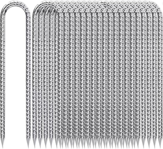 Rebar-Stakes-12-Inch-U-Shaped, Trampoline Stakes High Wind Ground Stakes Heavy Duty Galvanized Anti-Rust Metal Stakes Ground Anchors for Garden Dog Fence Chicken Coop Water Pipe 20pcs