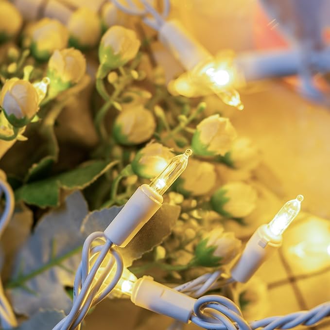 YULETIME 100 Count Clear Warm White Christmas Lights, 33 Feet White Wire UL Certified Incandescent-Like LED Mini String Lights