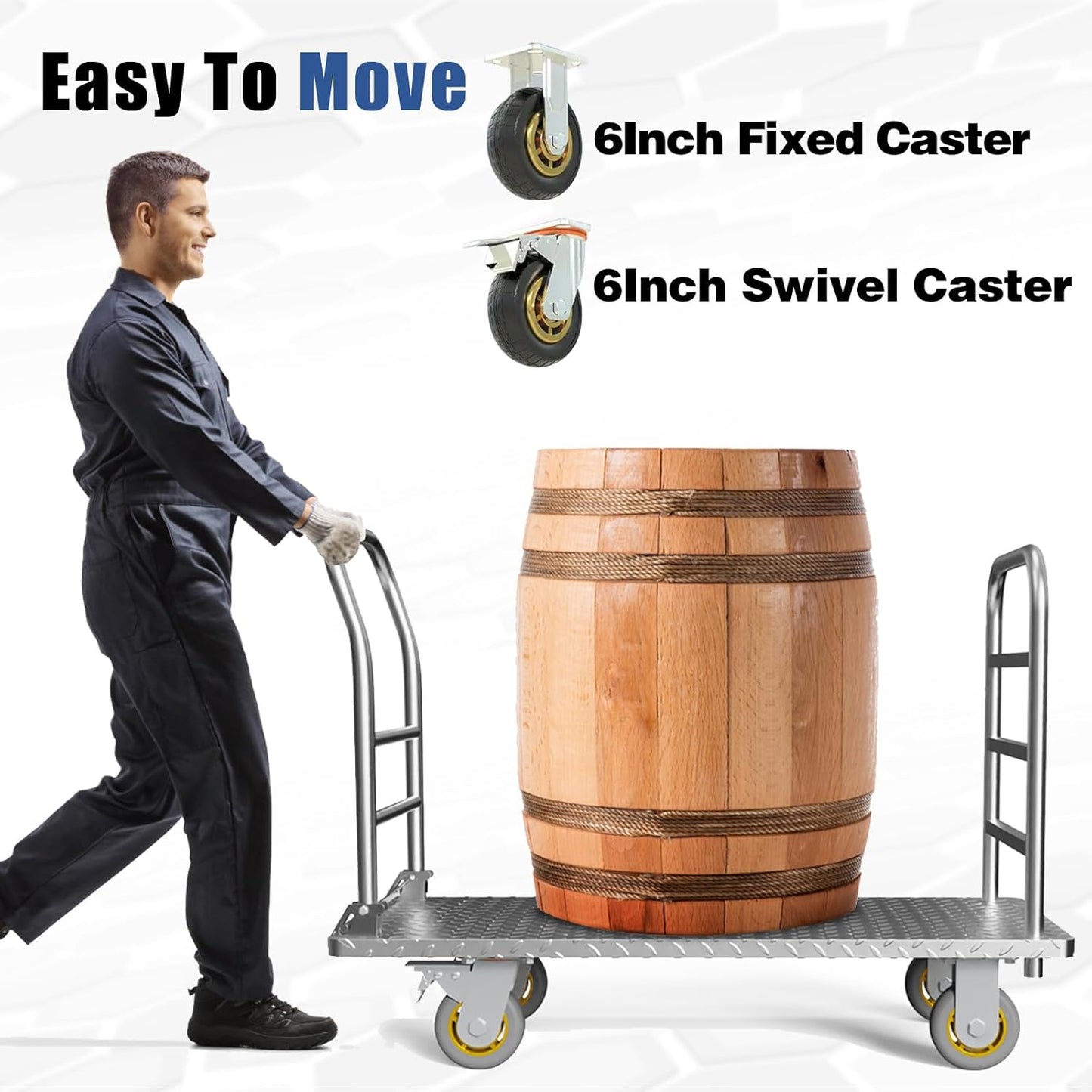 Platform Truck Cart with Detachable Baffle Guardrail,Heavy Duty 48x24 Inch Flatbed Cart with 2000 LBS Weight Capacity and 6In Swivel Caster Transporting Heavy Loads and Barrel with Ease & Efficiency