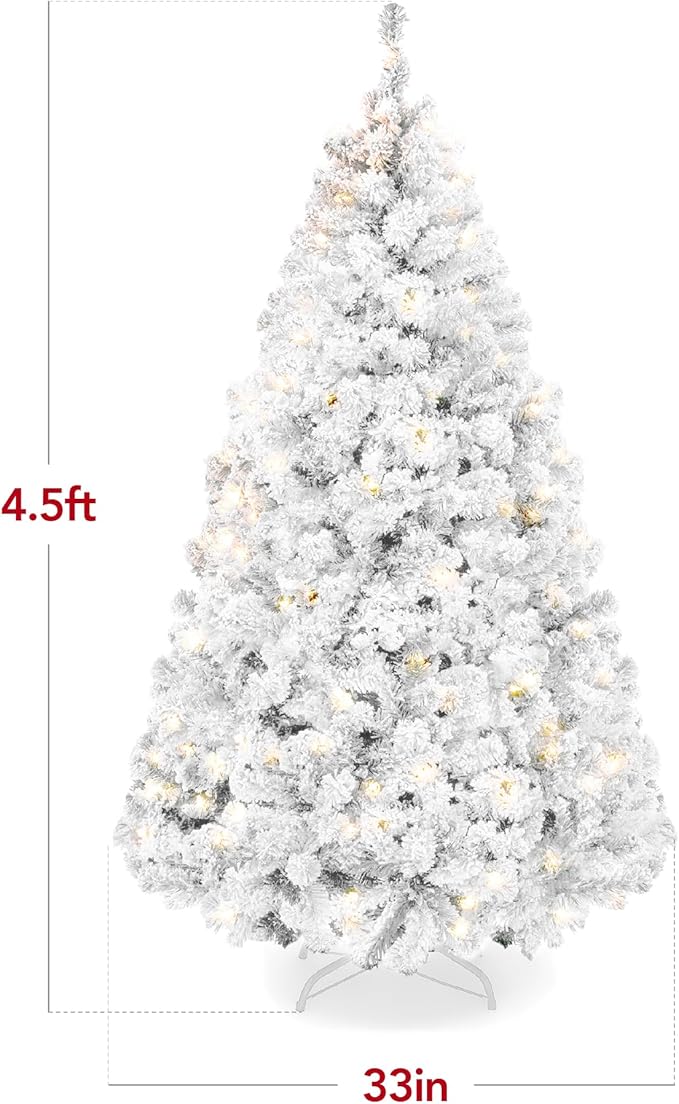 Best Choice Products Pre-Lit White Christmas Tree, 4.5ft Artificial Snow Flocked Full Fir Tree, Holiday Decoration w/ 200 Lights, 400 Branch Tips