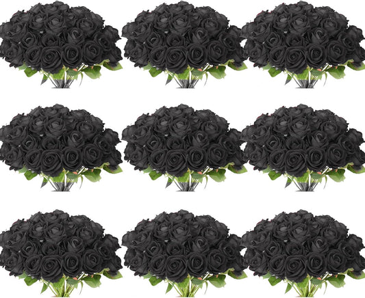 102 PCS Fake Roses Artificial Flowers Bulk, Black Roses Bridal Bouquet Silk Faux Rose with Stems for Wedding Flowers Decoration, Valentine's Day, Bridal Bouquet, Anniversary,Home Decor (102PCS, Black)