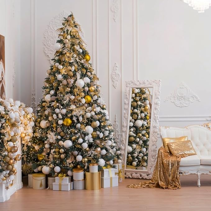 KTKDE 7.5ft Artificial Christmas Tree is a Green one with 1450 Tips and 300 Battery-Powered LED Columns. It Features 7.87-inch Golden Five Pointed Star and is Perfect for Family and Office Gatherings