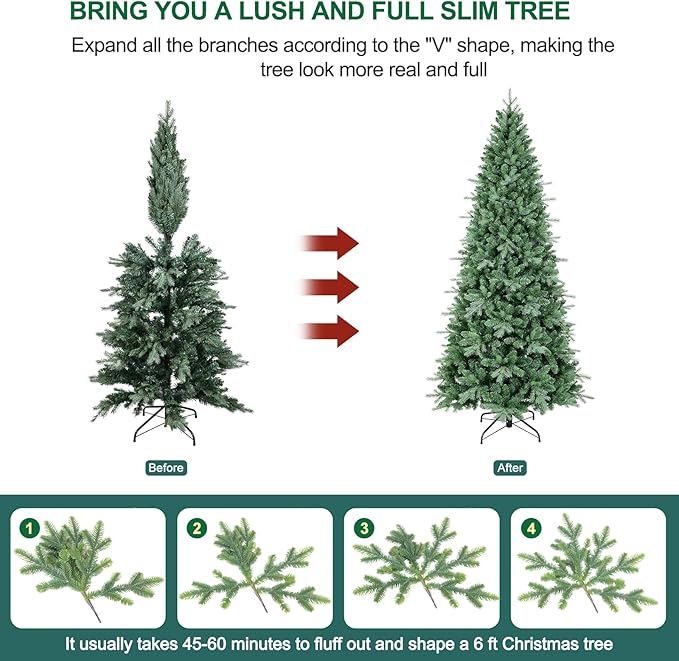 6 FT Prelit Artificial Skinny Christmas Tree,Blue Spruce Slim Pencil Xmas Tree with 1205 PE&PVC Mixed Branch Tips and 300 UL Listed Clear Lights,Hinged Pine Tree with Metal Stand for Home Office Décor