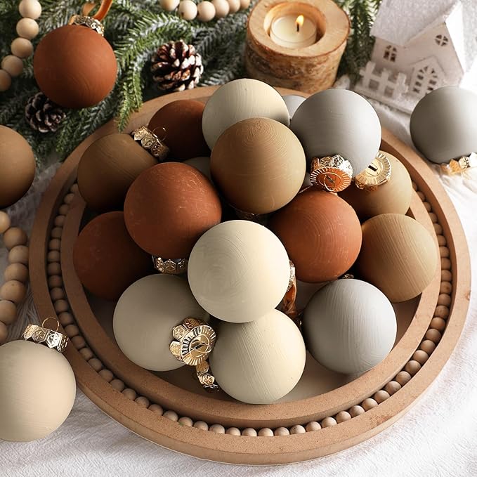 12 Pcs Neutral Matte Christmas Ball Ornaments 2.4 Inch Rustic Boho Terracotta Tan Gray Ivory Xmas Bulbs Ornament Vintage Xmas Baubles Modern Christmas Decor for Tree Farmhouse Holiday Decor
