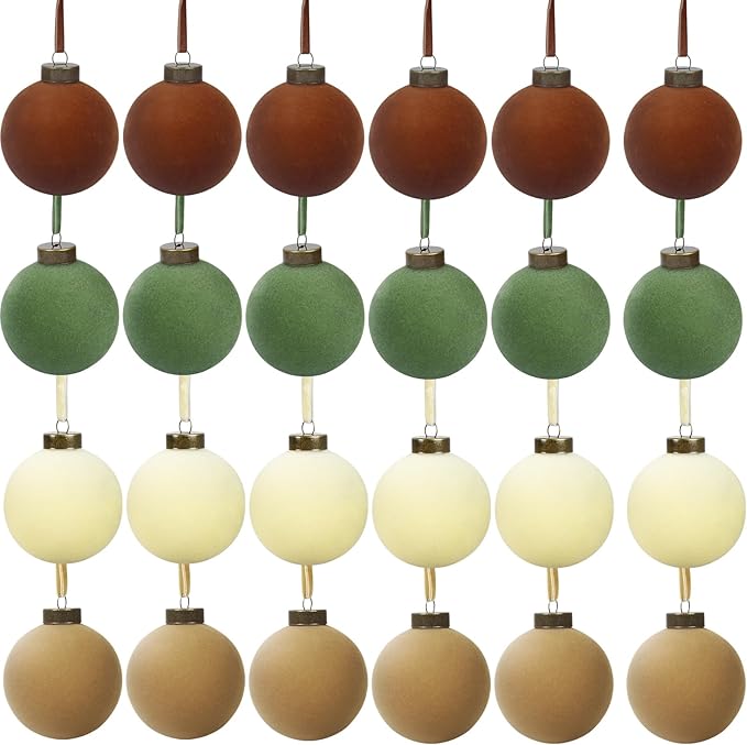 24 Pcs Velvet Christmas Balls Bulk Shatterproof Plastic Christmas Tree Decorations for Decorative Hanging Baubles (24, Brown、Green、Beige、Khaki, 2.36Inch)