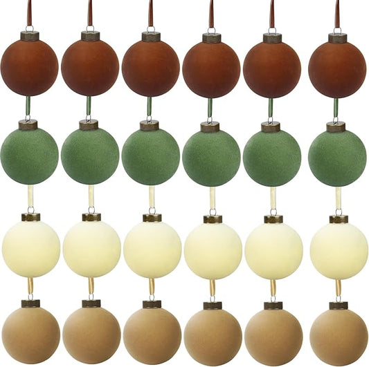 24 Pcs Velvet Christmas Balls Bulk Shatterproof Plastic Christmas Tree Decorations for Decorative Hanging Baubles (24, Brown、Green、Beige、Khaki, 2.36Inch)
