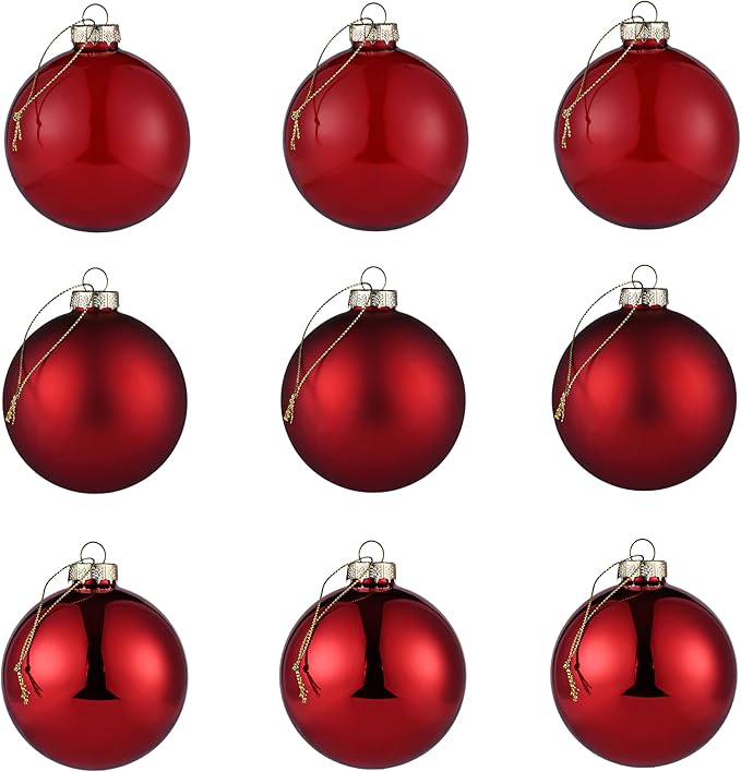 Red Glass Christmas Ball Ornaments, 3.15’’ Burgundy Ornament for Christmas Tree Set of 9 with 3 Different Finishes, Vintage Xmas Balls for Home Decor, Thanksgiving Party Gift