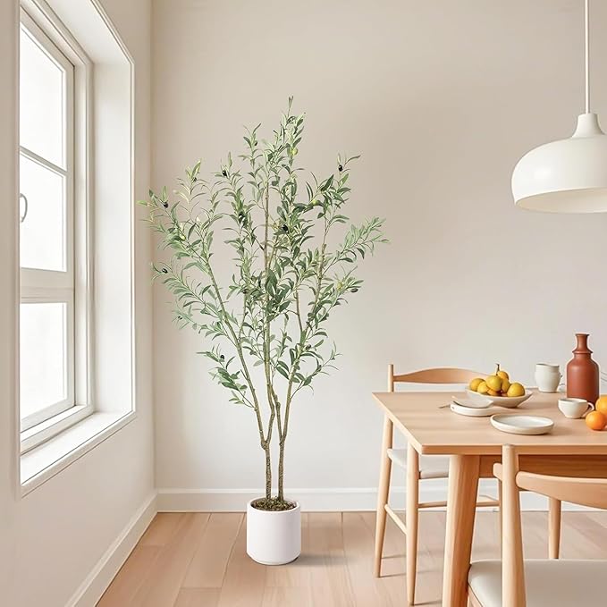 Artificial Fake Olive Tree 5FT Tall 1Pack with White Planter Faux Silk Olive Tree for Home Living Room Office Decor Faux Artificial Plants Indoor with Fruit & Free Moss