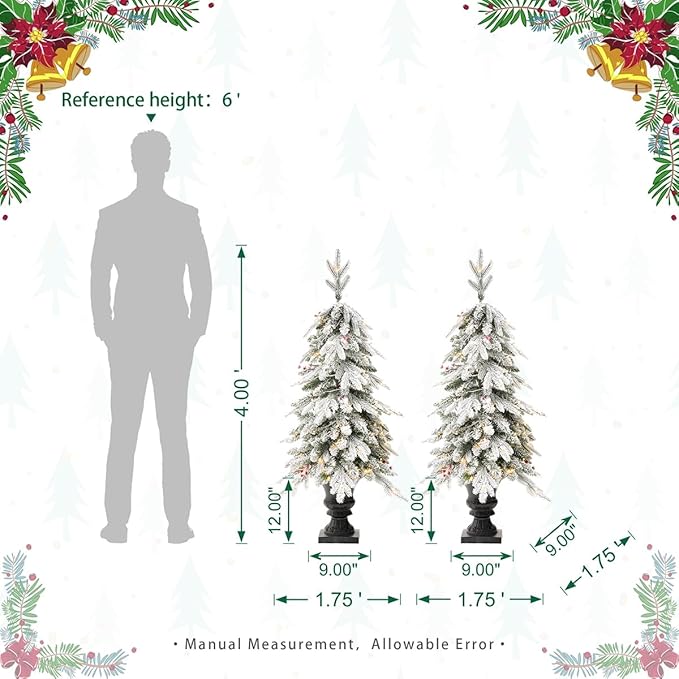 Glitzhome Set of 2 4ft Christmas Tree, Small Christmas Tree Flocked Fir Potted Tree Prelit Artificial Christmas Tree for Entrance with 100 Warm White Lights, 313 PE&PVC Branch Tips and Red Berries