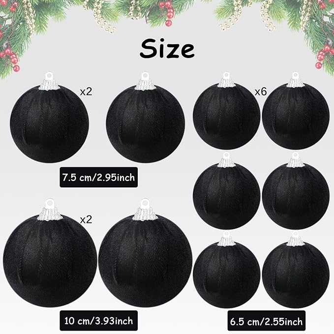 Gresorth 10 Pcs Black Velvet Christmas Ball Ornaments Velvet Balls Ornament for Christmas Tree Flocked Hanging Baubles Decor Birthday Party