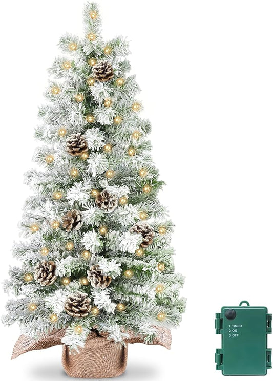 Timer - 3 Ft Artificial Mini Christmas Tree, Thick Snow Flocked Tabletop Christmas Tree with 50 Warm White Lights Battery Operated 102 Snowy Branches 12 Pinecones Burlap Base Xmas Decor Home Indoor