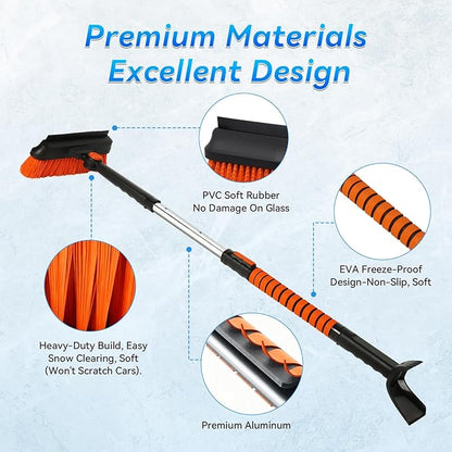 6 in 1 Snow Shovel & Snow Brush with Windshield De-Icer & Ice Scraper for Cars, Trucks, SUVs,40" Extendable & Bendable Thicken Aluminum Tube for Easy Roof Cleaning,180° Pivoting Head & EVA Grip