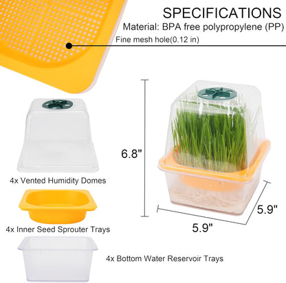 Microgreen Growing Trays, LUVCSOY Sprouting Tray with Humidity Dome, 3mm Large Mesh Holes, BPA Free, Sprouter Kit for Growing Large Seeds, Like Sunflower, Mung Beans, Green Pea - 4 Pack | Clear