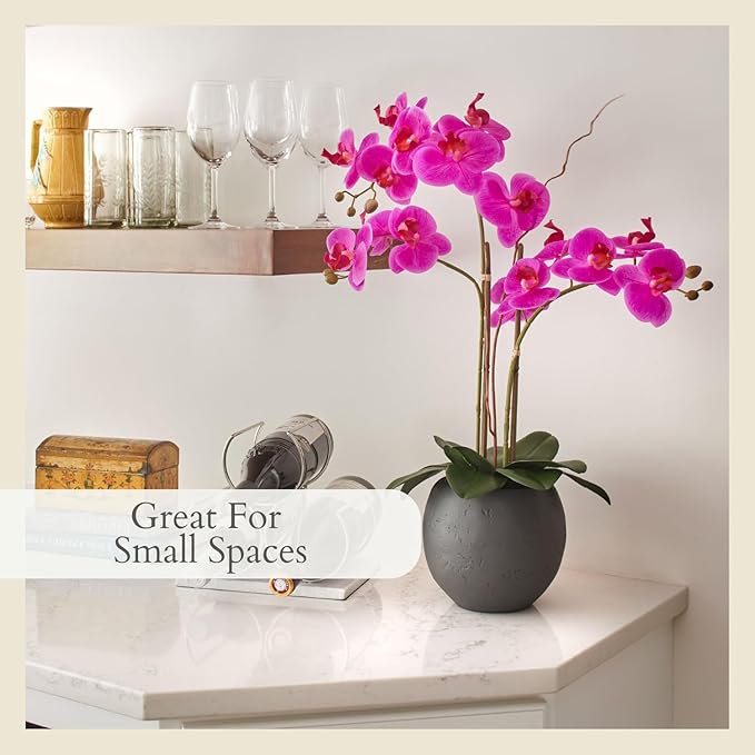 CG Hunter Faux Pink Orchid Plant, Premium Artificial Indoor Flower Display Stands 23-Inches with Beautiful Sculptural Blooms and Foliage That Lasts Forever, Grey Planter Pot Included