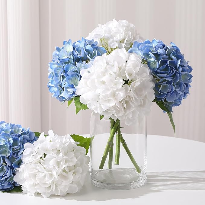 Nubry 22.44In Hydrangea Artificial Flowers, 4Pcs Latex Faux Real Touch Large Hydrangea Flowers with Long Stems & Leaves for Home Office Decor Wedding Party Arrangements(White&Blue)