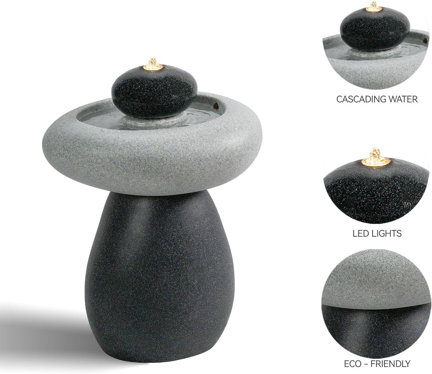 24.02" H Outdoor Water Fountain Made with Eco-Friendly Recyclable Materials, Polyethylene Rock Waterfall Outdoor Fountain, Garden Decor with LED Light & Pump for Patio, Backyard