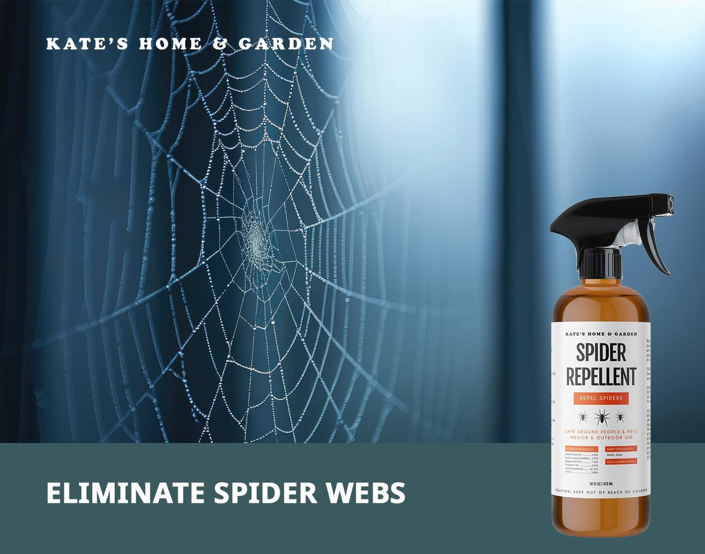 Kate's Home & Garden Spider Repellent Indoor. All Natural Peppermint Oil Spray for Spiders & Outdoor (16oz, Non Toxic Pesticide & Insecticide, Pet Safe)
