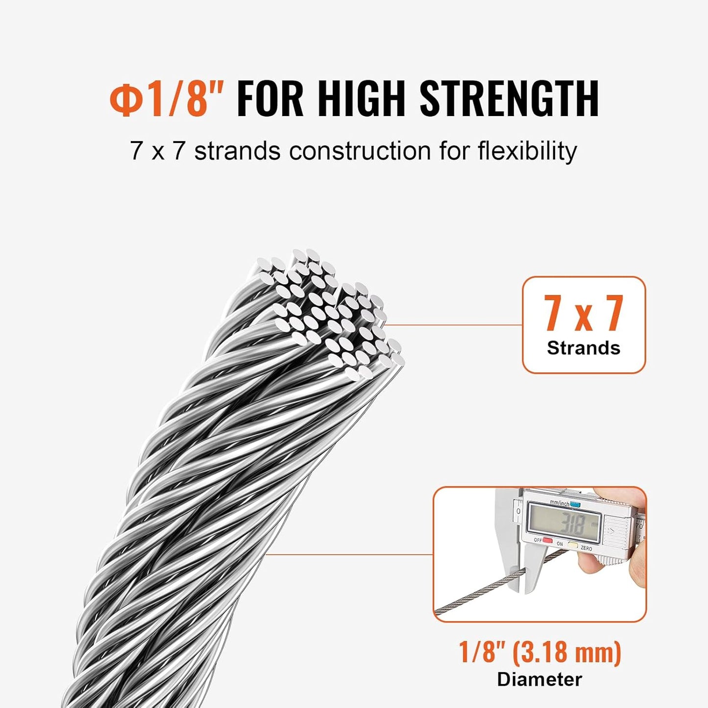 VEVOR 1/8 Stainless Steel Cable, 1000 FT 316 Cable Railing Kit with Cutter and Gloves, 1600 lbs Breaking Strength, 7x7 Strands Marine Aircraft Cable for Handrail Stair Decking Fence Outdoors