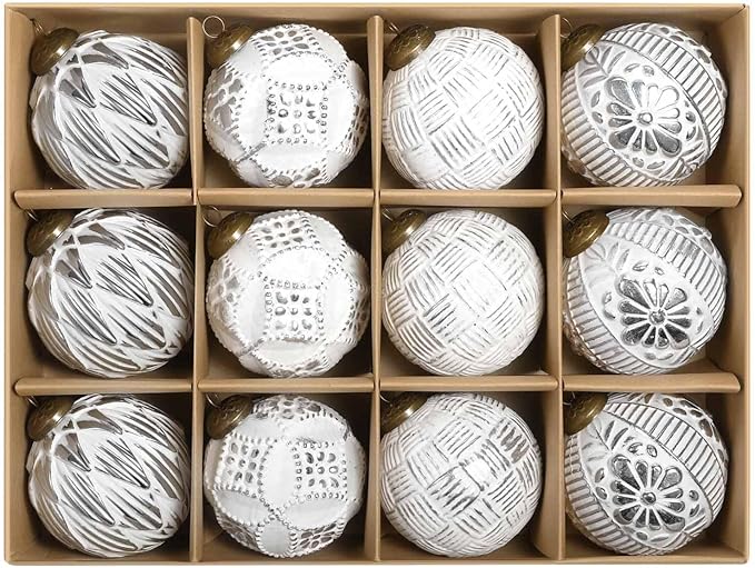 Christmas Ball Ornaments Set, 12ct 80mm Elegant White and Silver Assorted Xmas Tree Ball Ornaments, Shatterproof Christmas Tree Hanging Ornaments for Xmas Decoration