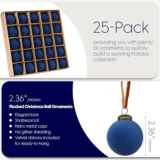 Sea Team 25-Pack Flocked Velvet Christmas Tree Ball Ornaments Set, Hanging Velour Baubles, Shatterproof Plastic Decorations for Xmas Tree, Wreath, Garland, 60mm/2.36 Inches, Royal Blue