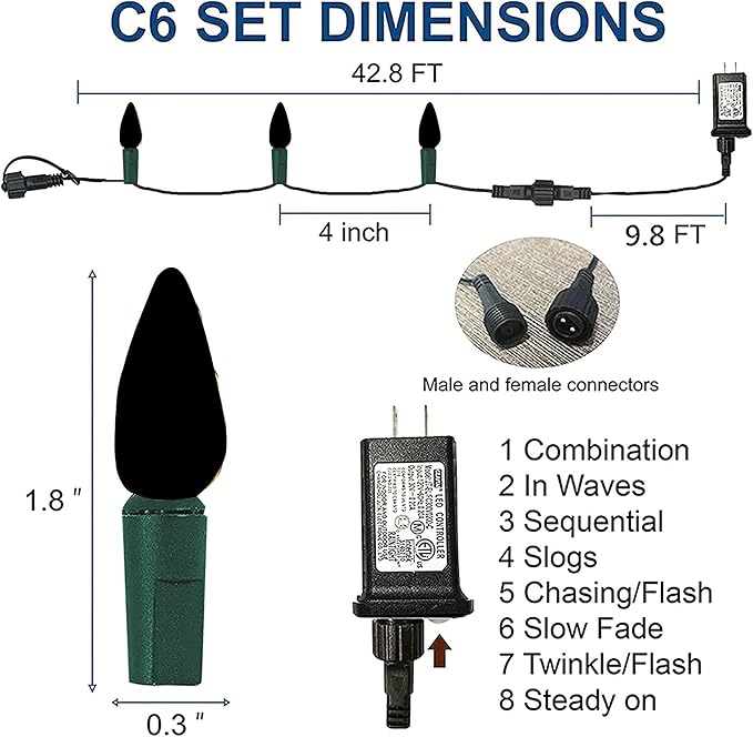 Dazzle Bright C6 Christmas String Lights, 100 LED 33 FT Waterproof Green Wire Fairy Lights, 8 Modes Christmas Lights for Indoor Outdoor Home Yard Xmas Tree Decorations (Multi-Colored)
