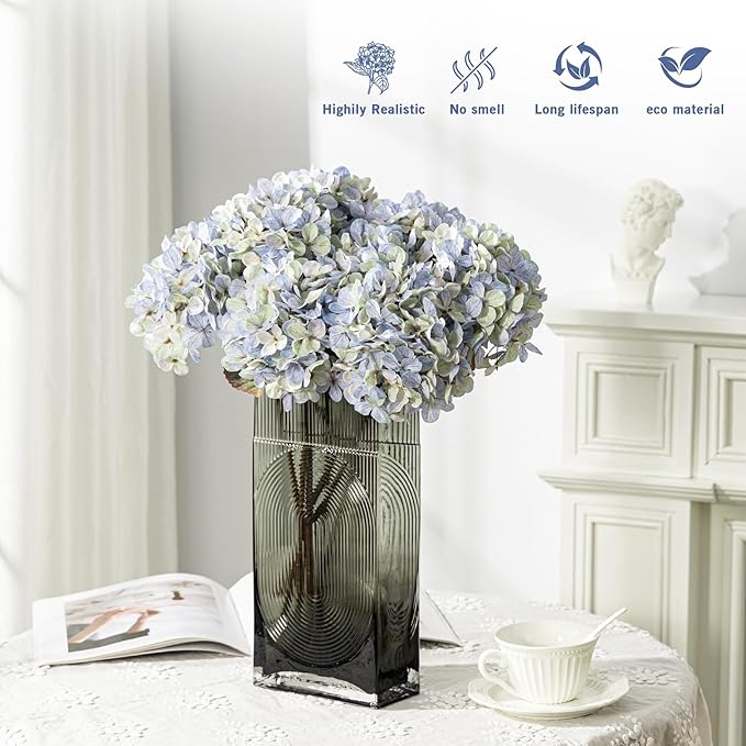 Artificial Flower Fake Silk Hydrangea Heads Bouquet with Stems Bulk for Fall Decoration Table Center Christmas Indoor Outdoor Faux Floral Realistic with Leaves Plants Crafts 8PCS(Blue)