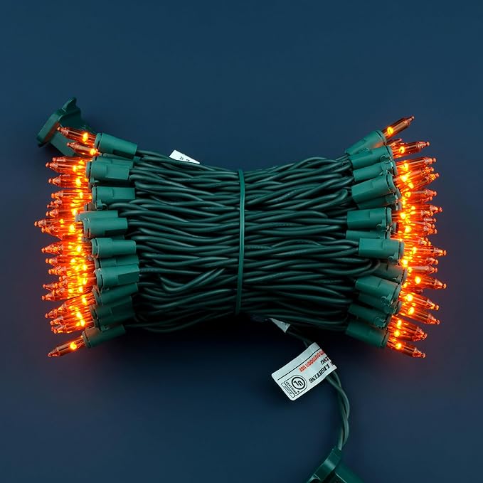 YULETIME 100 Count Orange Christmas Lights, 33 Feet Green Wire UL Certified Incandescent-Like LED Mini String Lights