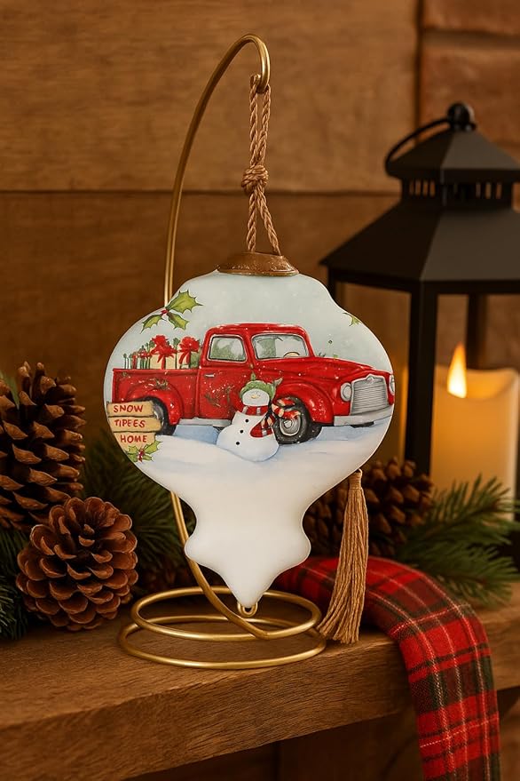 All Roads Lead Home Red Truck at Christmas – Hand-Painted Glass Vintage Red Truck Christmas Decor for Christmas Tree