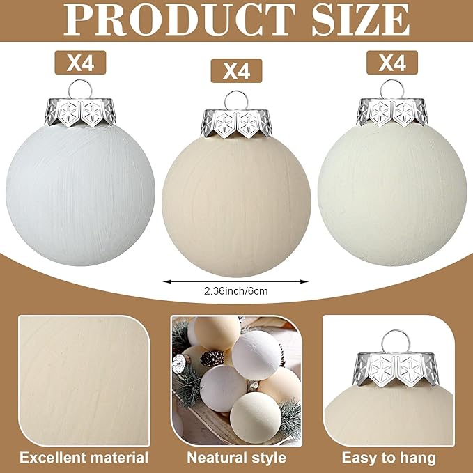 12 Pcs Neutral Matte Christmas Ball Ornaments 2.4 Inch Rustic Boho White Cream Beige Xmas Bulbs Ornament Vintage Xmas Baubles Modern Christmas Decor for Tree Farmhouse Holiday Decor