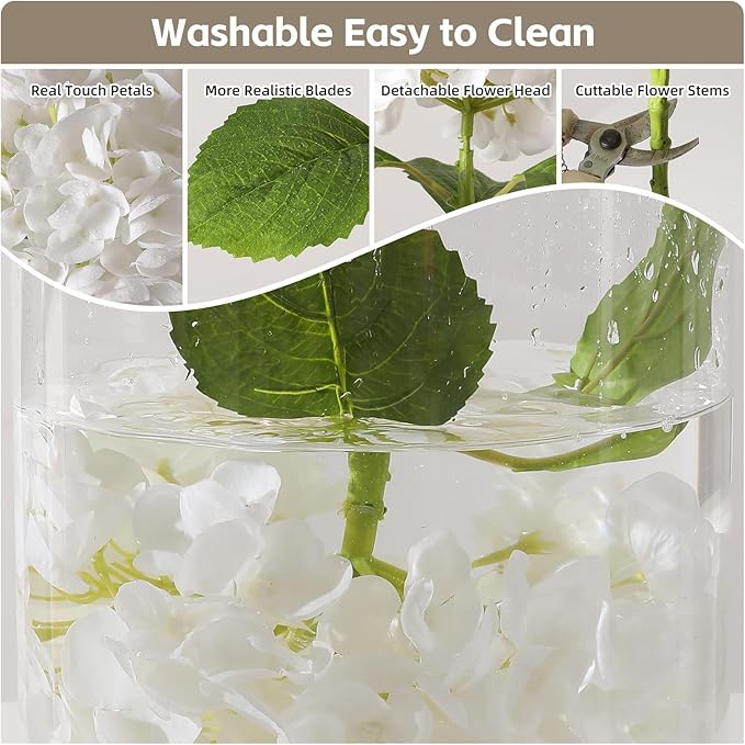 Nubry 22.44In White Hydrangea Artificial Flowers, 3Pcs Latex Faux Real Touch Large Hydrangea Flowers with Long Stems & Leaves for Home Office Decor Wedding Party Arrangements(White)