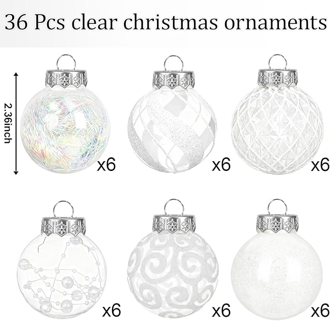 Ouddy Decor 36 Pcs Clear Christmas Ball Ornaments, 2.36" Shatterproof White Plastic Christmas Ornaments Set Decorative Hanging Transparent Baubles for Xmas Tree Holiday Party Decor, White