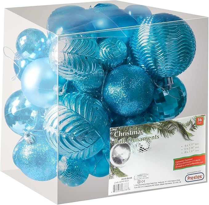 Prextex 36 Piece Christmas Ornaments Set - Acid Blue Christmas Tree Decorations - Shatterproof Ball Ornaments in Small, Medium, and Large Sizes - Durable Holiday Decor for Indoor and Outdoor Use
