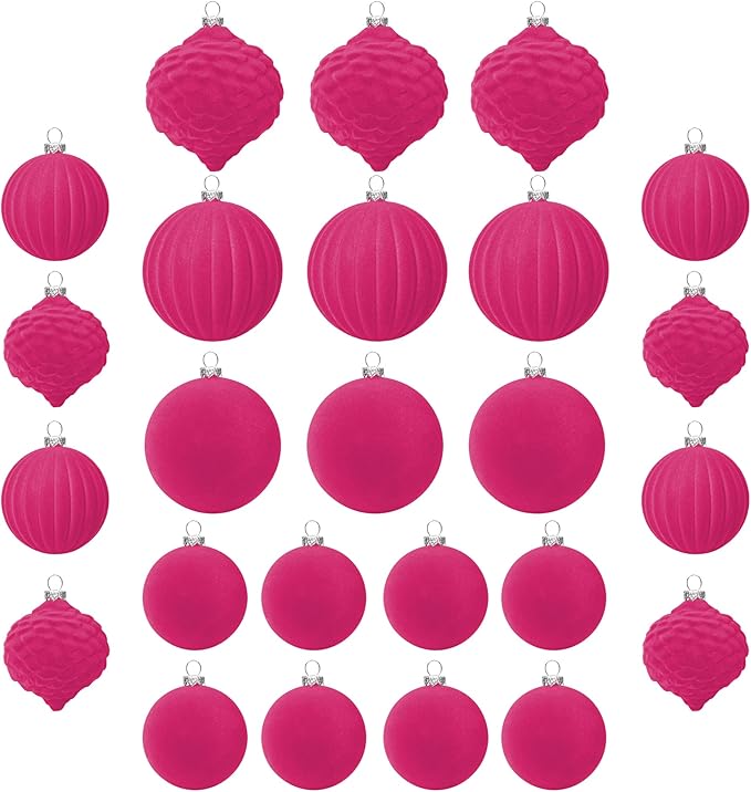 KI Store Velvet Christmas Balls Hot Pink 25pcs Flocked Christmas Tree Ornaments Assortment for Xmas Tree Holiday Decor