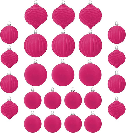 KI Store Velvet Christmas Balls Hot Pink 25pcs Flocked Christmas Tree Ornaments Assortment for Xmas Tree Holiday Decor