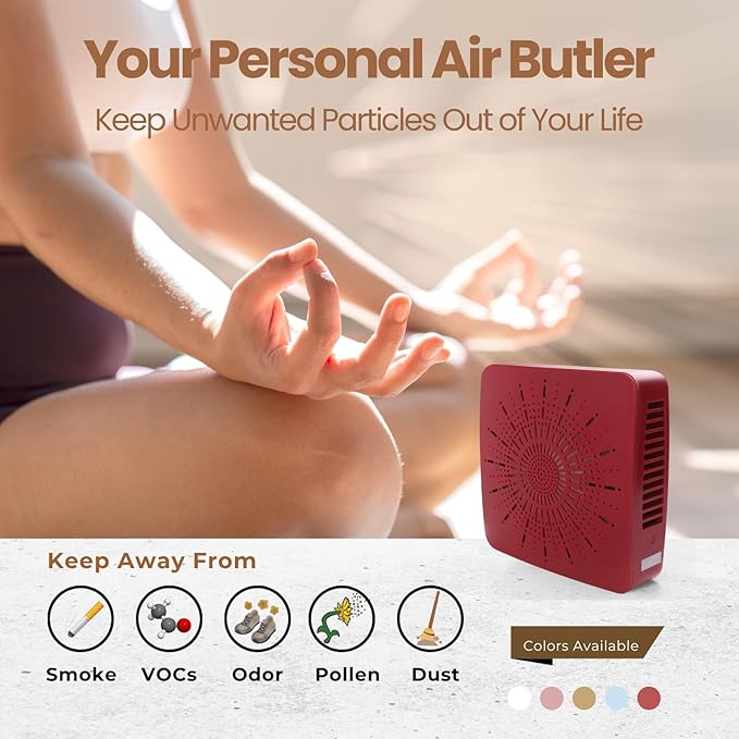 4-in-1 Portable Air Purifier HEPA Filter, Aroma, Ionizer & Mini Fan – USB-C Desktop Air Cleaner for Smoke, Pollen, Dander, Odors – 5 Colors for Bedroom, Office, Baby, Pets, Travel (Crimson Red)