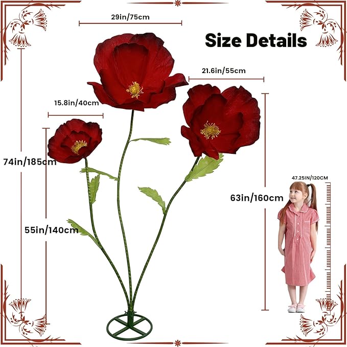 Giant Flowers for Decoration - 3Pcs Large Flowers for Backdrop Home Decor Paper flowers Artificial Realistic Faux Flower for Living Room, Bedroom, Wedding Party, Birthday Party, Celebrations (Red)