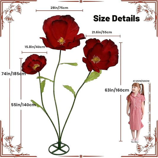 Giant Flowers for Decoration - 3Pcs Large Flowers for Backdrop Home Decor Paper flowers Artificial Realistic Faux Flower for Living Room, Bedroom, Wedding Party, Birthday Party, Celebrations (Red)