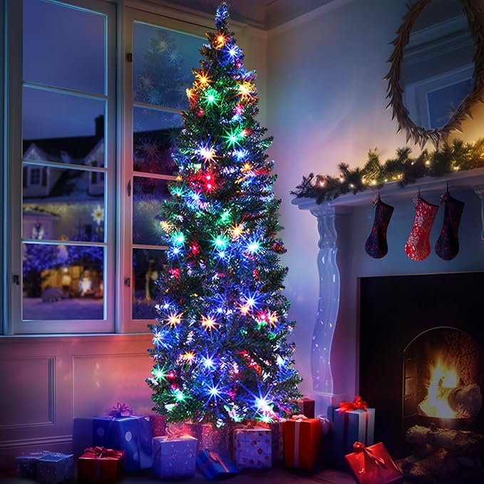5 Ft Prelit Pencil Artificial Christmas Tree with Timer 180 LED Warm White & Colorful Change Lights 8 Modes Plug in 550 Branch Tips Metal Stand Slim Tree Xmas Decor Indoor Outdoor