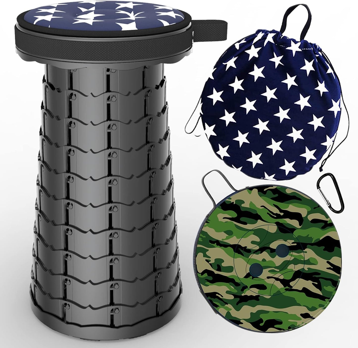 ALEVMOOM Upgraded Telescoping Collapsible Stool with Cushion, Folding Stool with Printing Portable Retractable Foldable Seat Max Load 550lbs for Adults Camping Fishing Outdoor