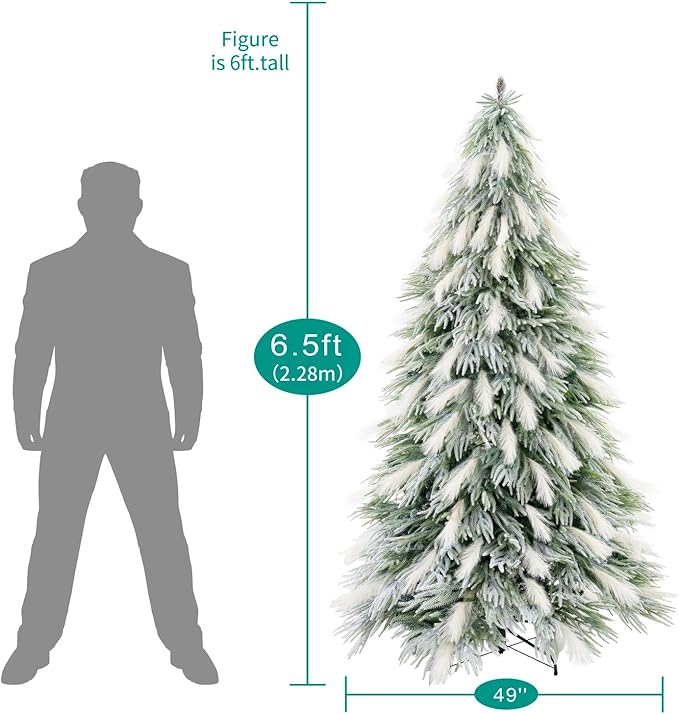 Makenna 6.5ft Snow Flocked Feathery Frosted Prelit Artificial Christmas Tree with 4958 Pampas Tips, 350 Warm Lights and Metal Stand, 40" Wide Realistic Snow Flocked Pine Christmas Tree with Lights