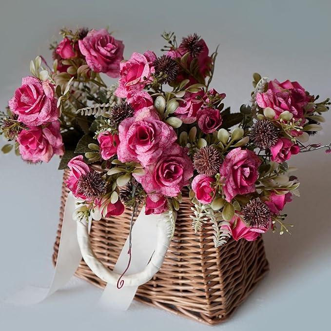 3 Bundles Fall Artificial Flowers Bouquet, Autumn Fake Roses Bouquet Faux Fall Floral Arrangements for Centerpiece Table Wedding Party Home Decor (Pink)