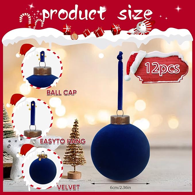 12 Pcs Velvet Christmas Balls Bulk Shatterproof Plastic Christmas Tree Decorations for Decorative Hanging Baubles (12, Navy Blue, 2.36Inch)