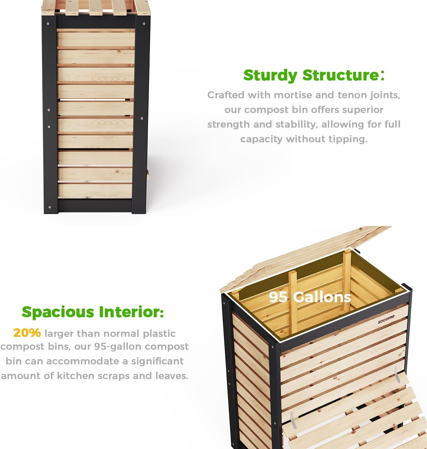 95 Gallon Solid Wood Composter, Outdoor Compost Bin with Pull-Out Door, Large Composting Bin for Backyard, Garden, Patio, Natural